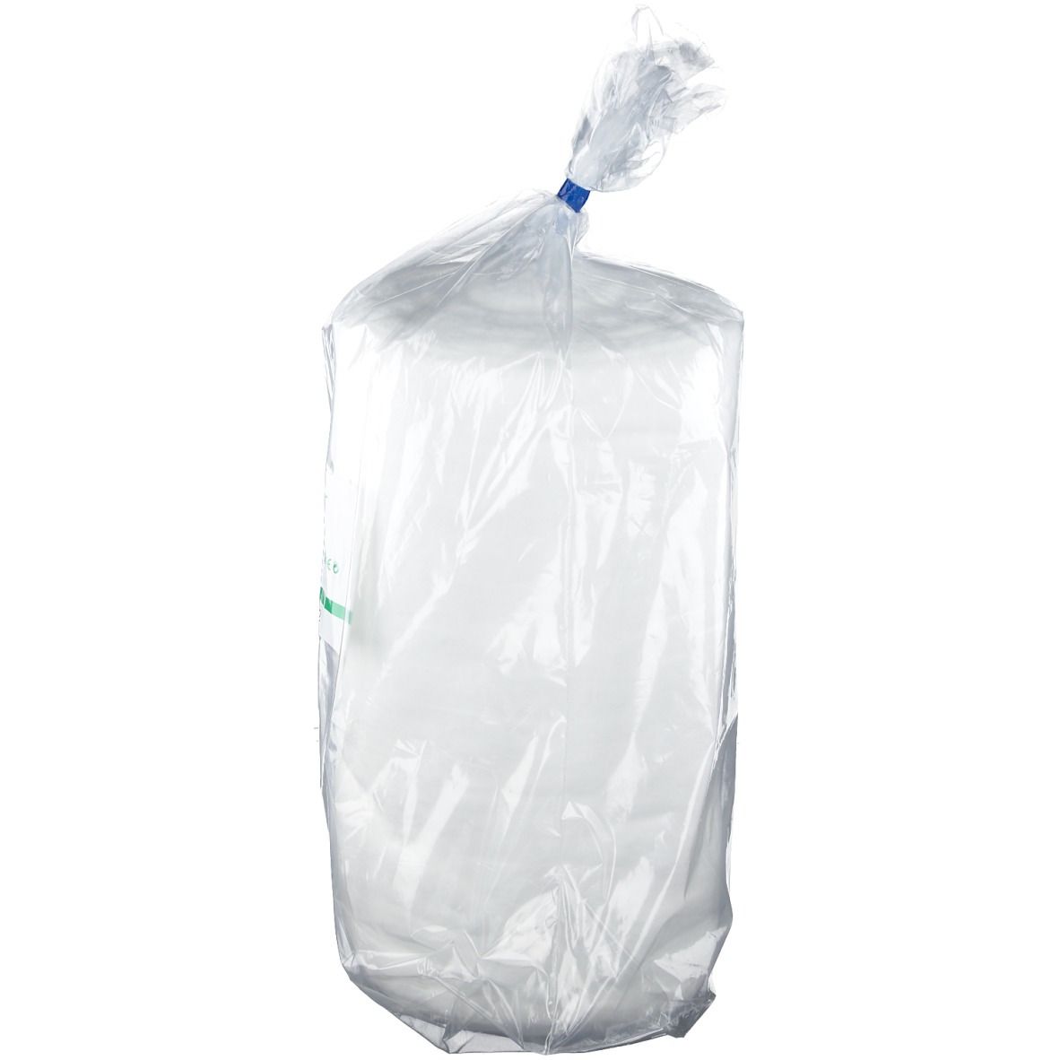 Ouate hydrophile dans un emballage plastique transparent. Fermeture par lien bleu en haut.