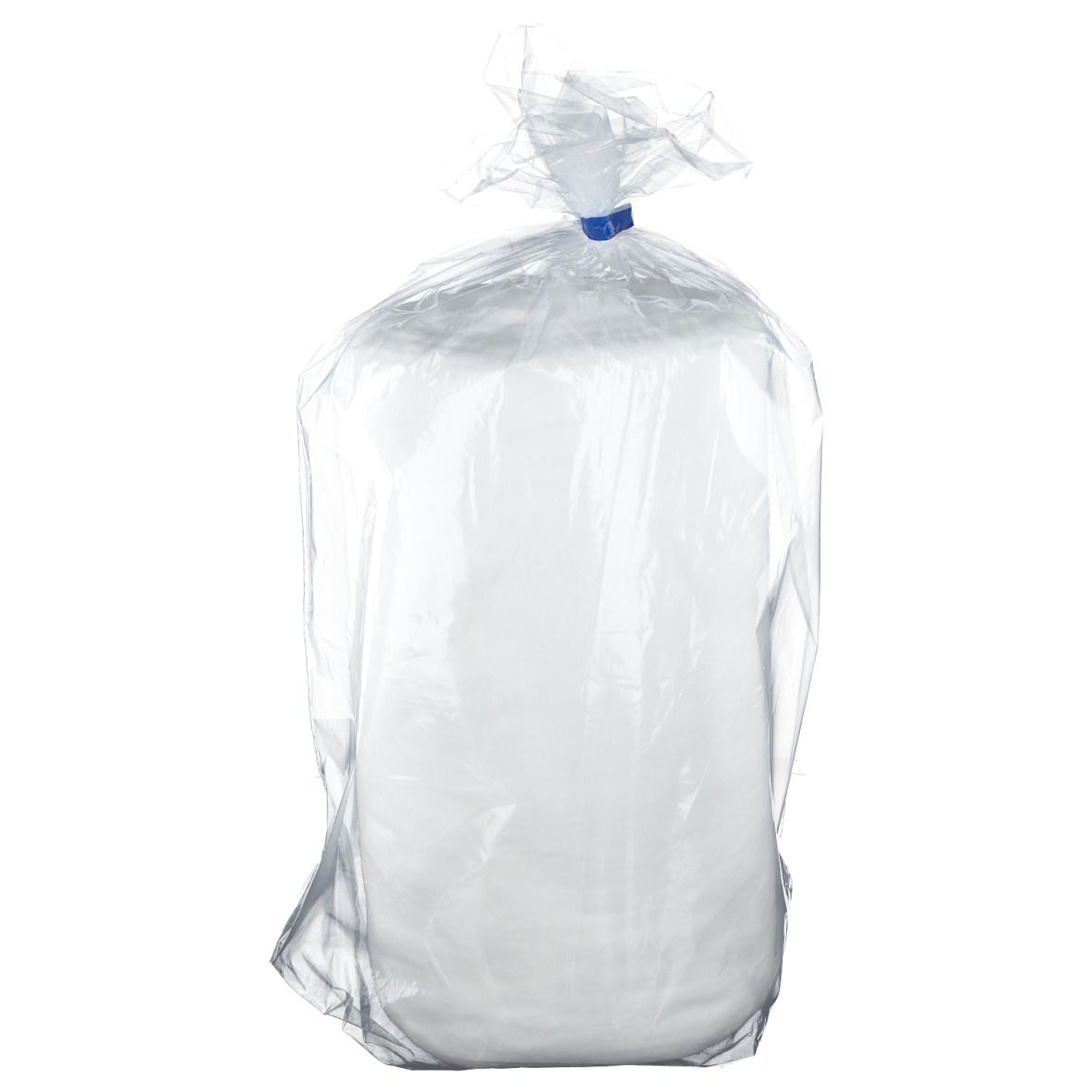 Ouate hydrophile dans un emballage plastique transparent. Fermeture par lien bleu en haut.
