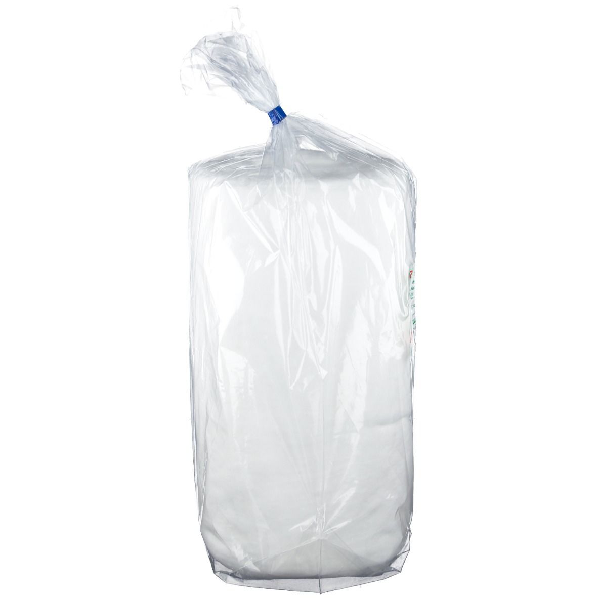 Ouate hydrophile dans un emballage plastique transparent. Fermeture par lien bleu en haut.
