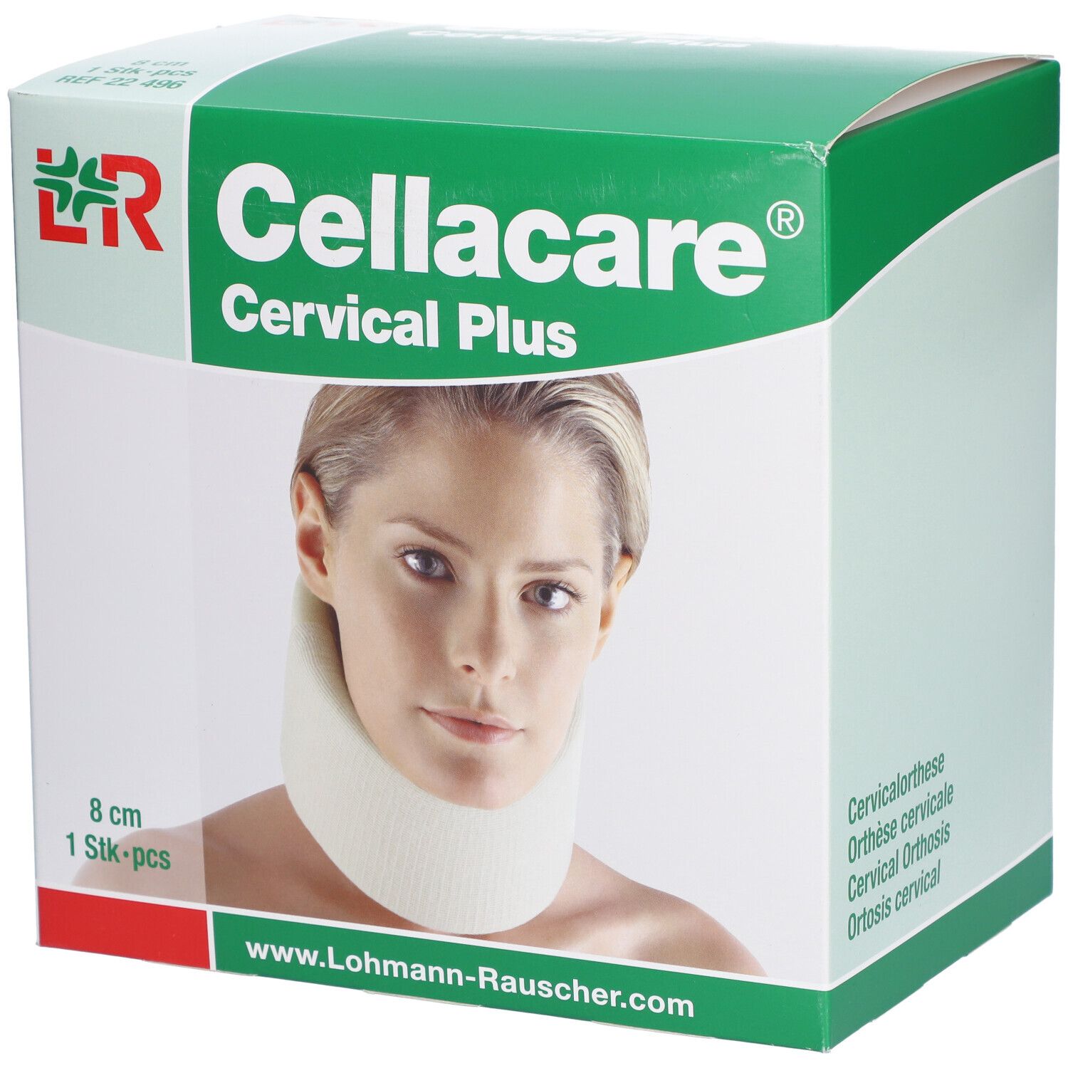 Emballage Cellacare Cervical Plus. Inscription : nom du produit, femme avec minerve. Dimensions : 8 cm, 1 pièce.