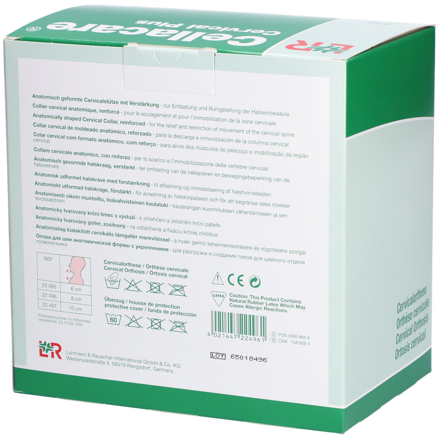 Dos de l'emballage Cellacare Cervical Plus. Descriptions multilingues du produit. Diagrammes et avertissements.