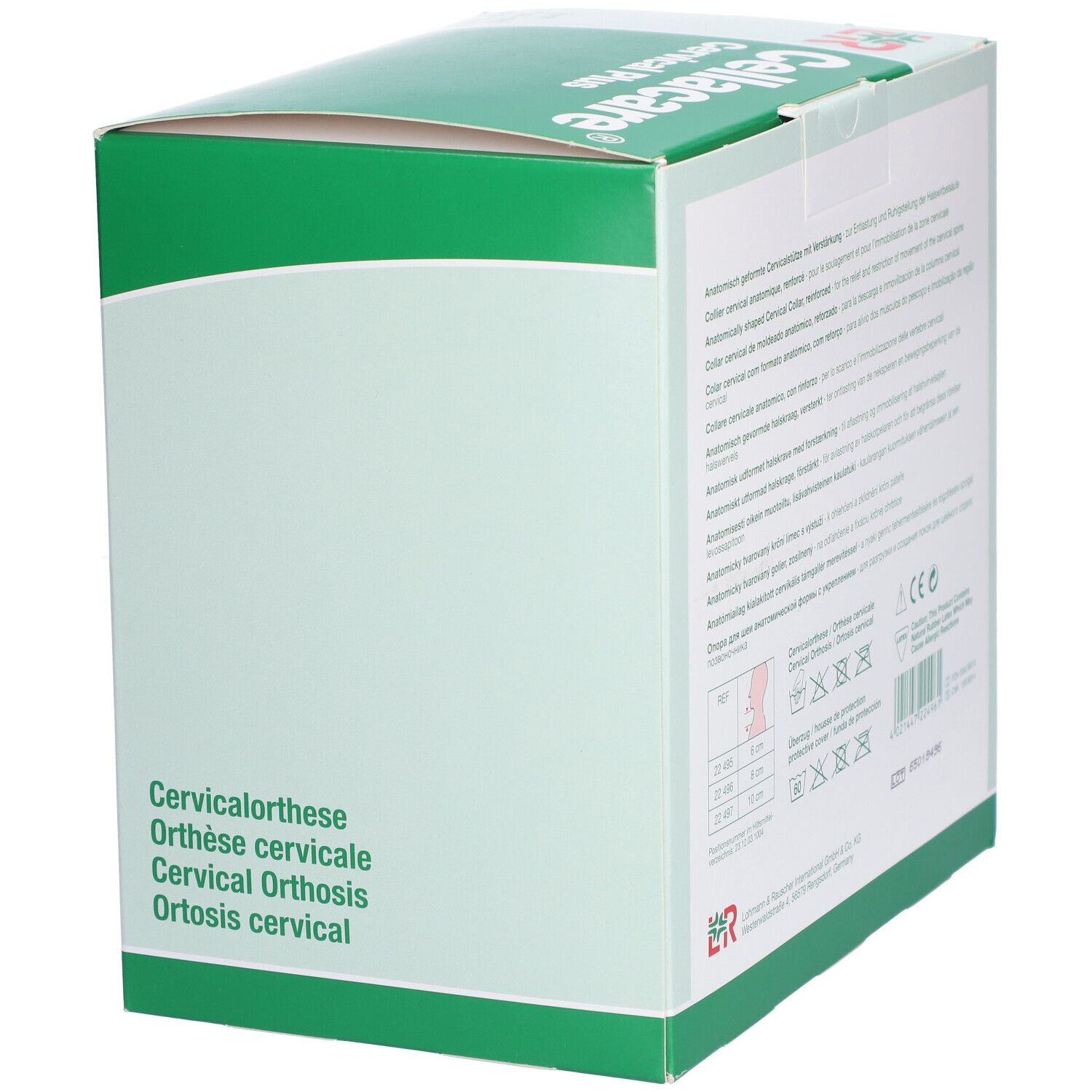 Côté de l'emballage Cellacare Cervical Plus. Désignations multilingues du produit : Cervicalorthese, etc.