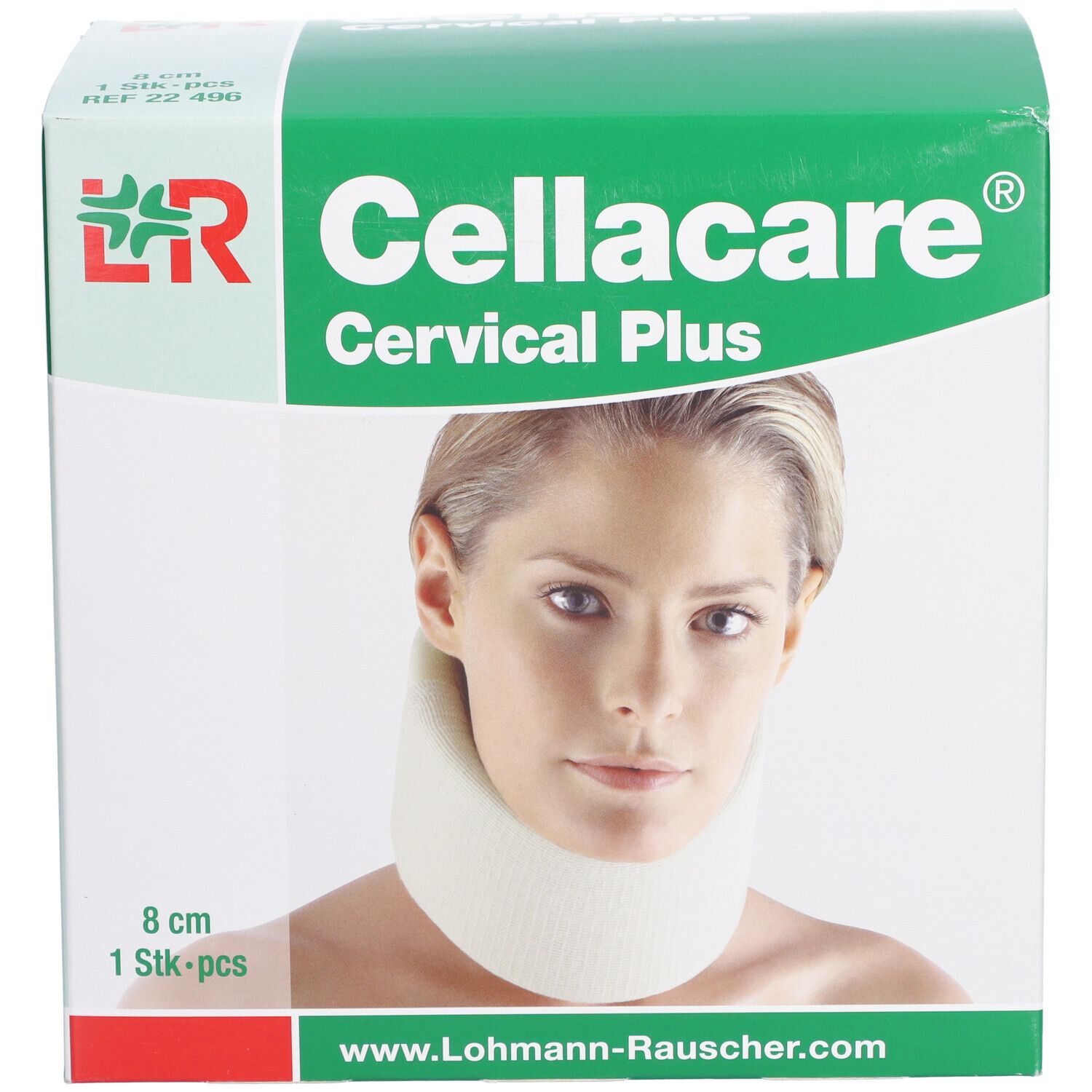 Emballage Cellacare Cervical Plus. Nom du produit, femme avec minerve. Dimensions : 8 cm, 1 pièce. Adresse du site web.