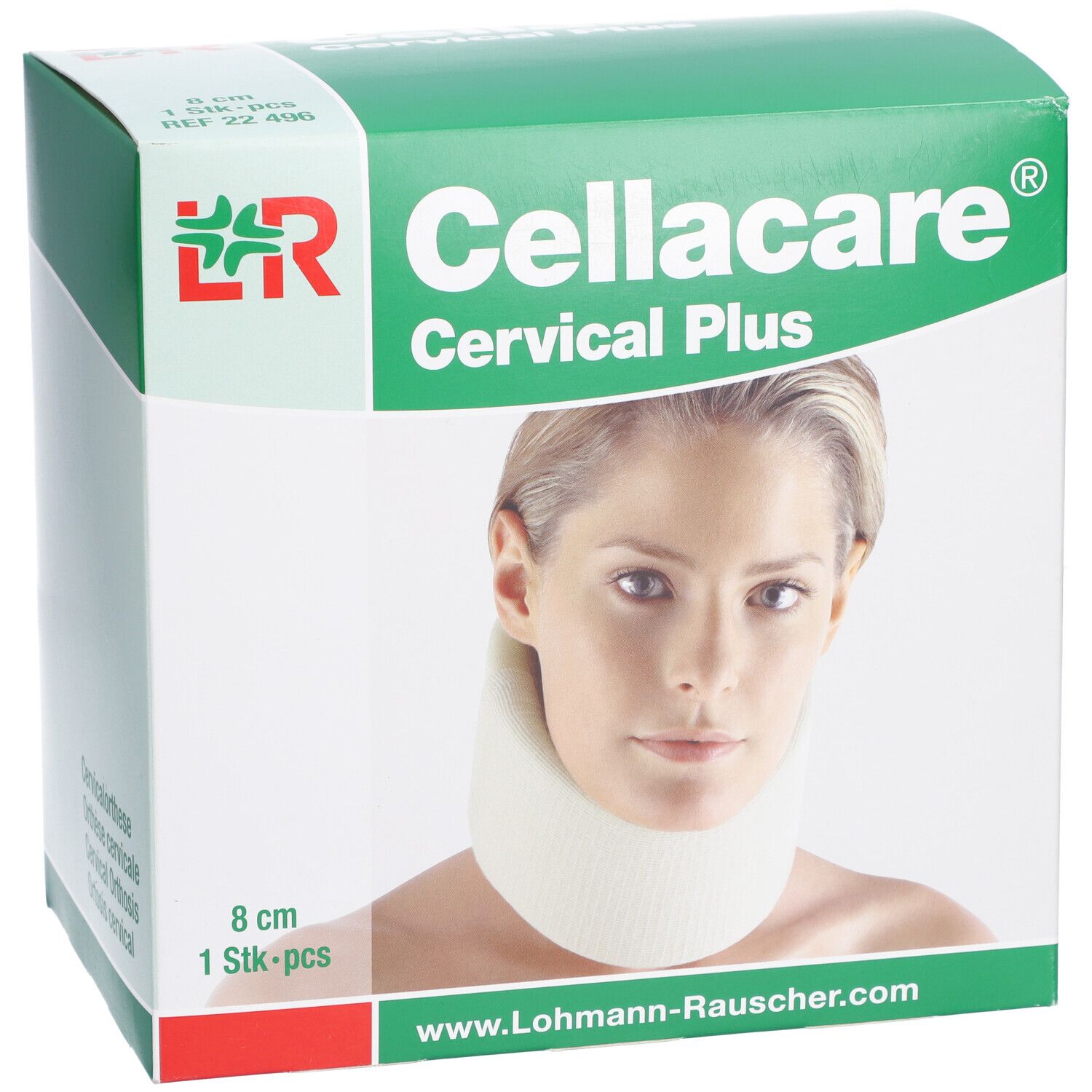 Emballage Cellacare Cervical Plus. Nom du produit, femme avec minerve. Dimensions : 8 cm, 1 pièce. Adresse du site web.