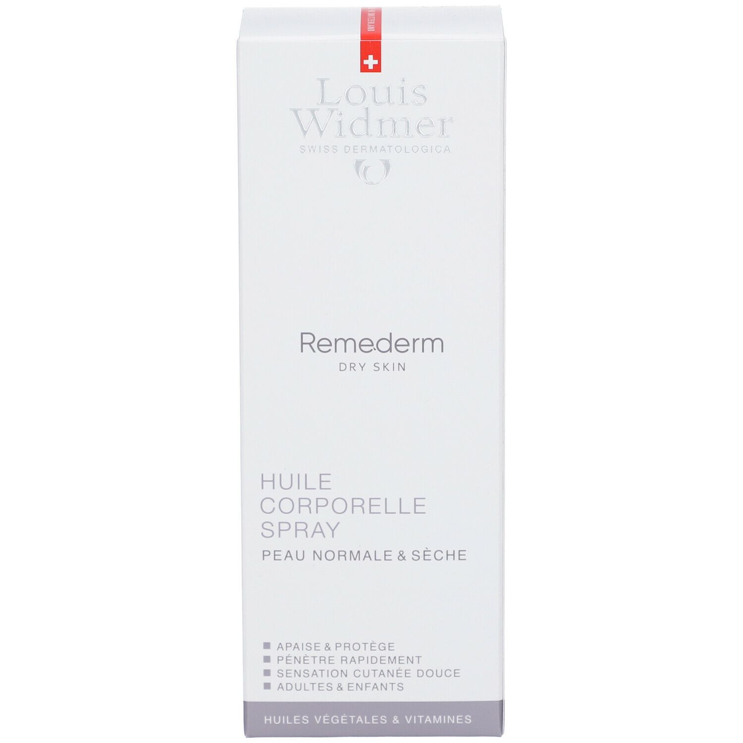 Emballage du spray d'huile corporelle Louis Widmer Remederm. Croix suisse. Texte: Remederm Dry Skin, Huile Corporelle Spray.