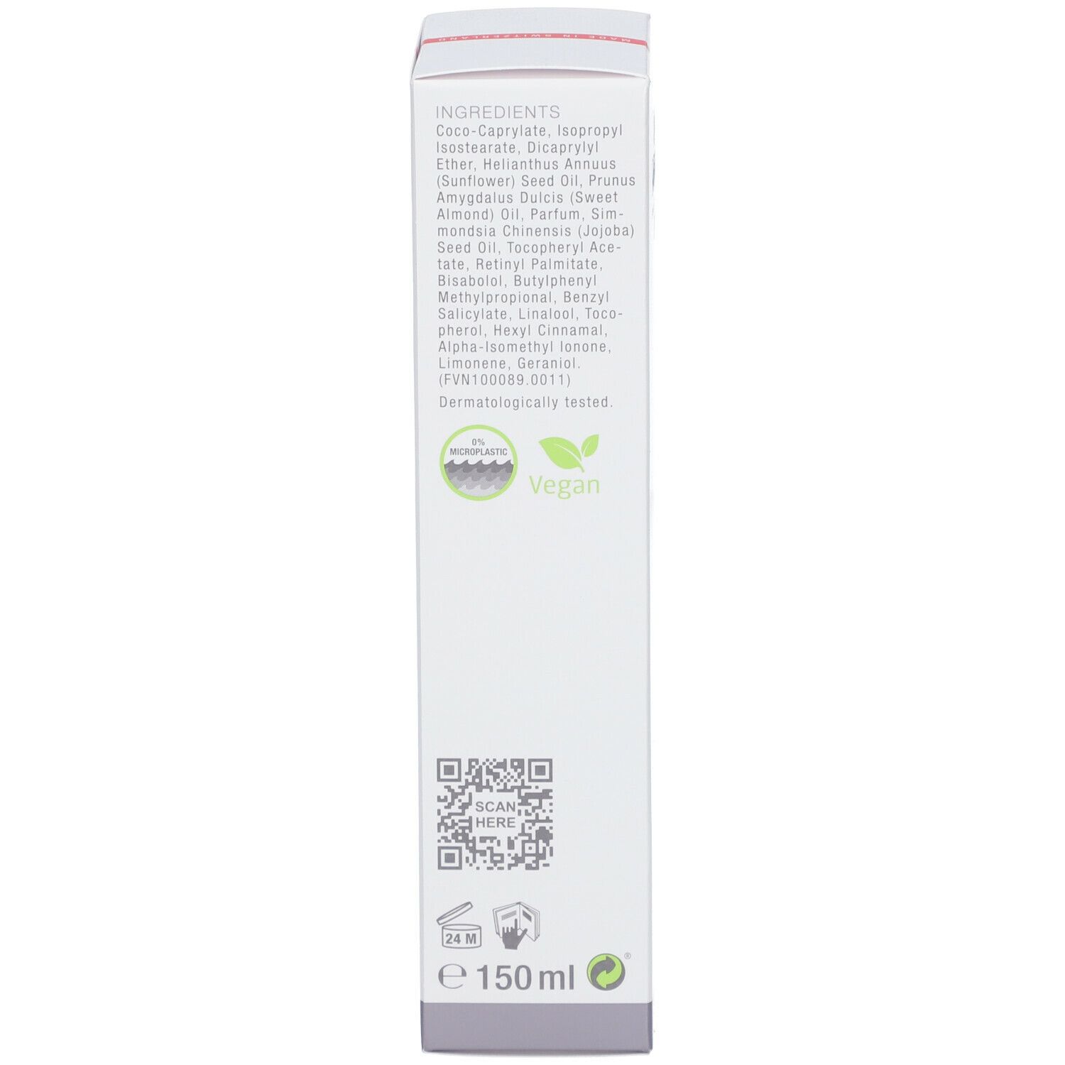Emballage Louis Widmer Remederm. Texte: Ingrédients, 150 ml, testé dermatologiquement, vegan.