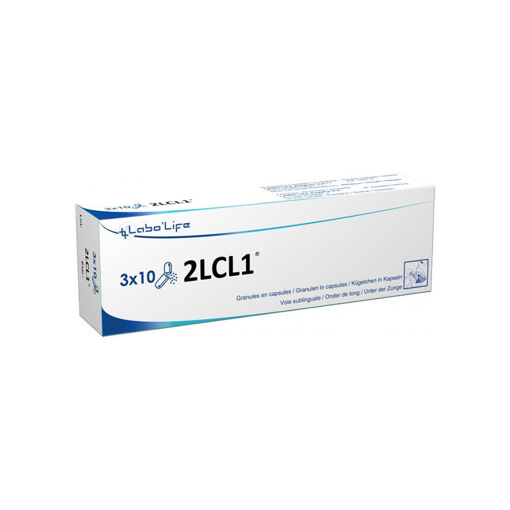 Boîte blanche avec texte bleu. Inscription: Labo'Life, 3x10 2LCL1. Granulés en capsules. Voie sublinguale.
