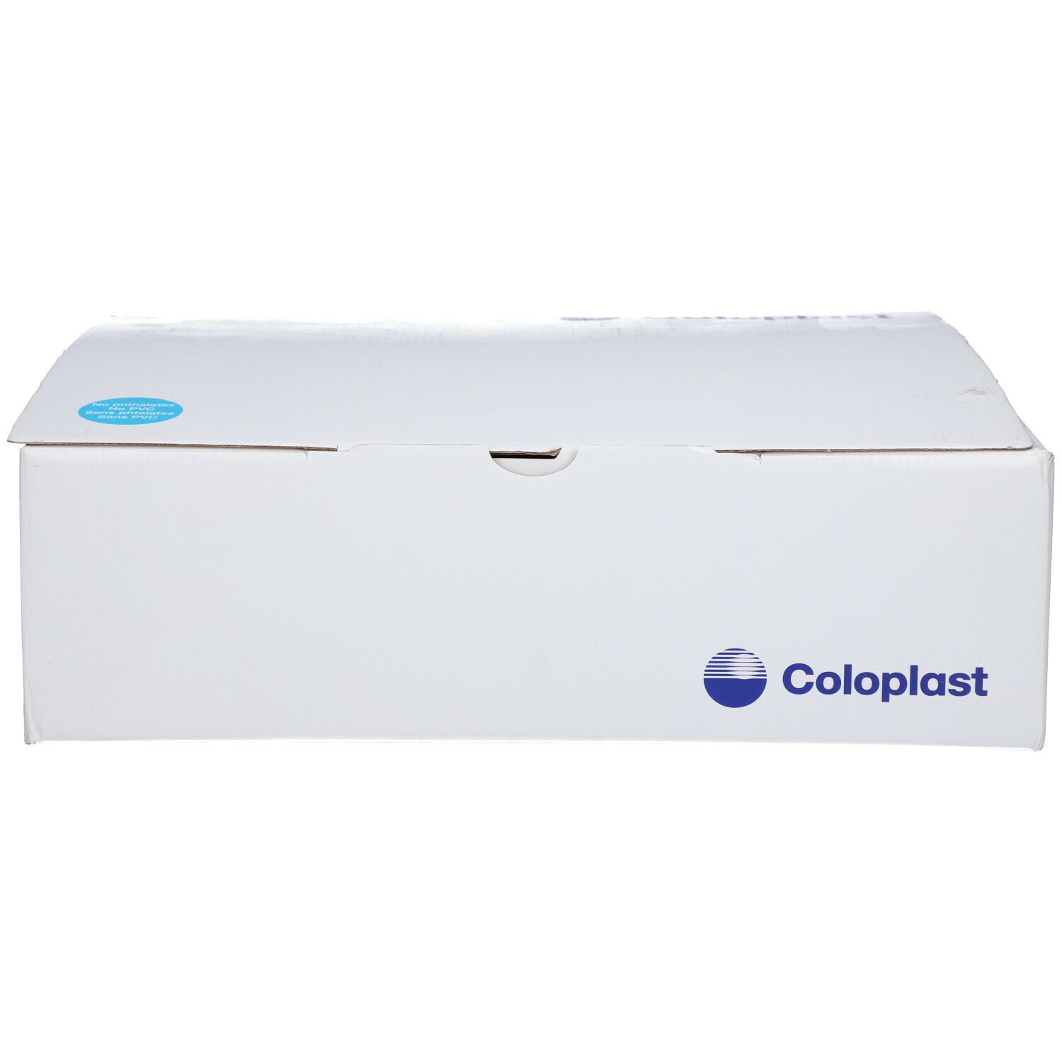 Boîte blanche avec logo bleu Coloplast. Un autocollant bleu sur le dessus.