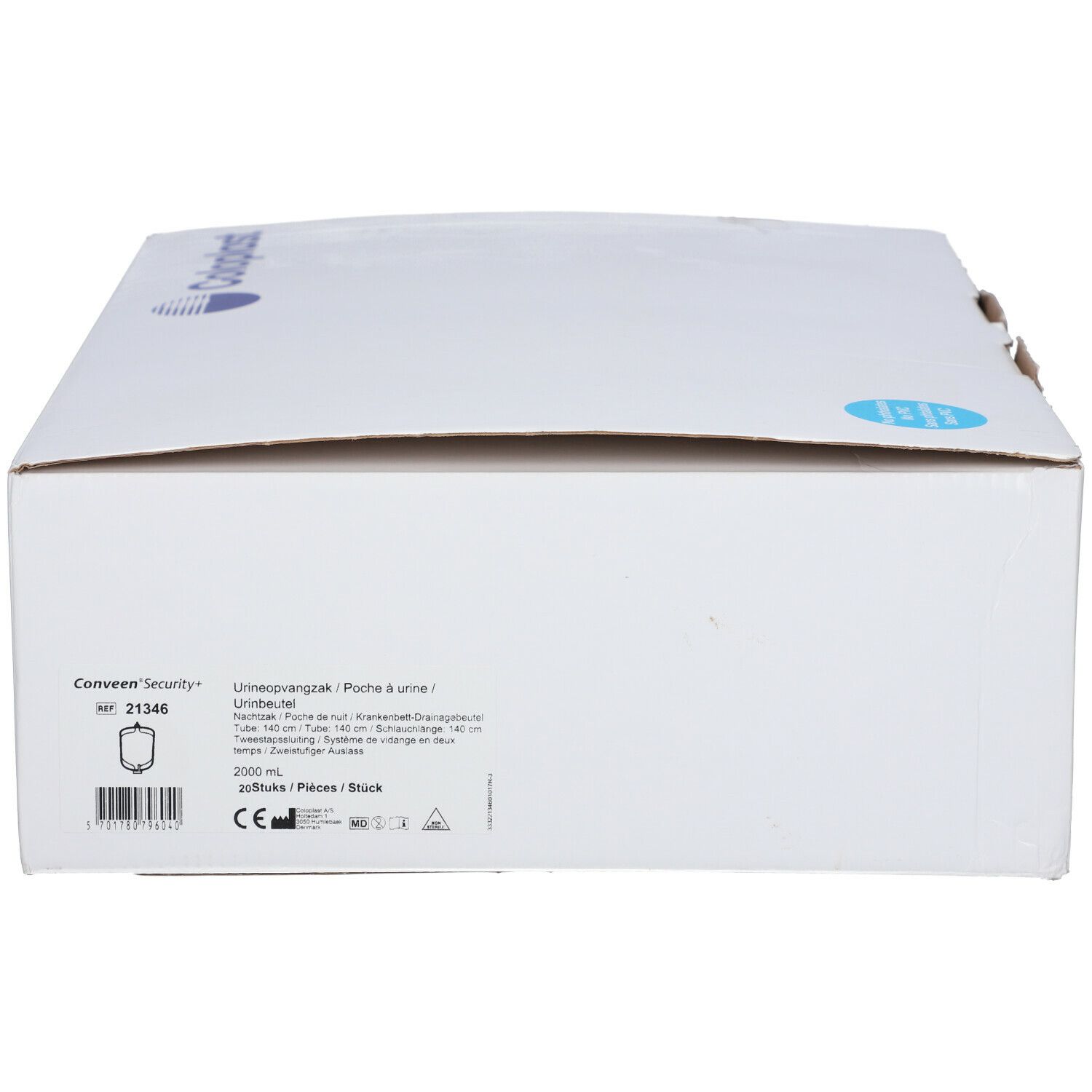 Boîte blanche avec logo Coloplast et informations produit. Contient du texte et un code-barres.
