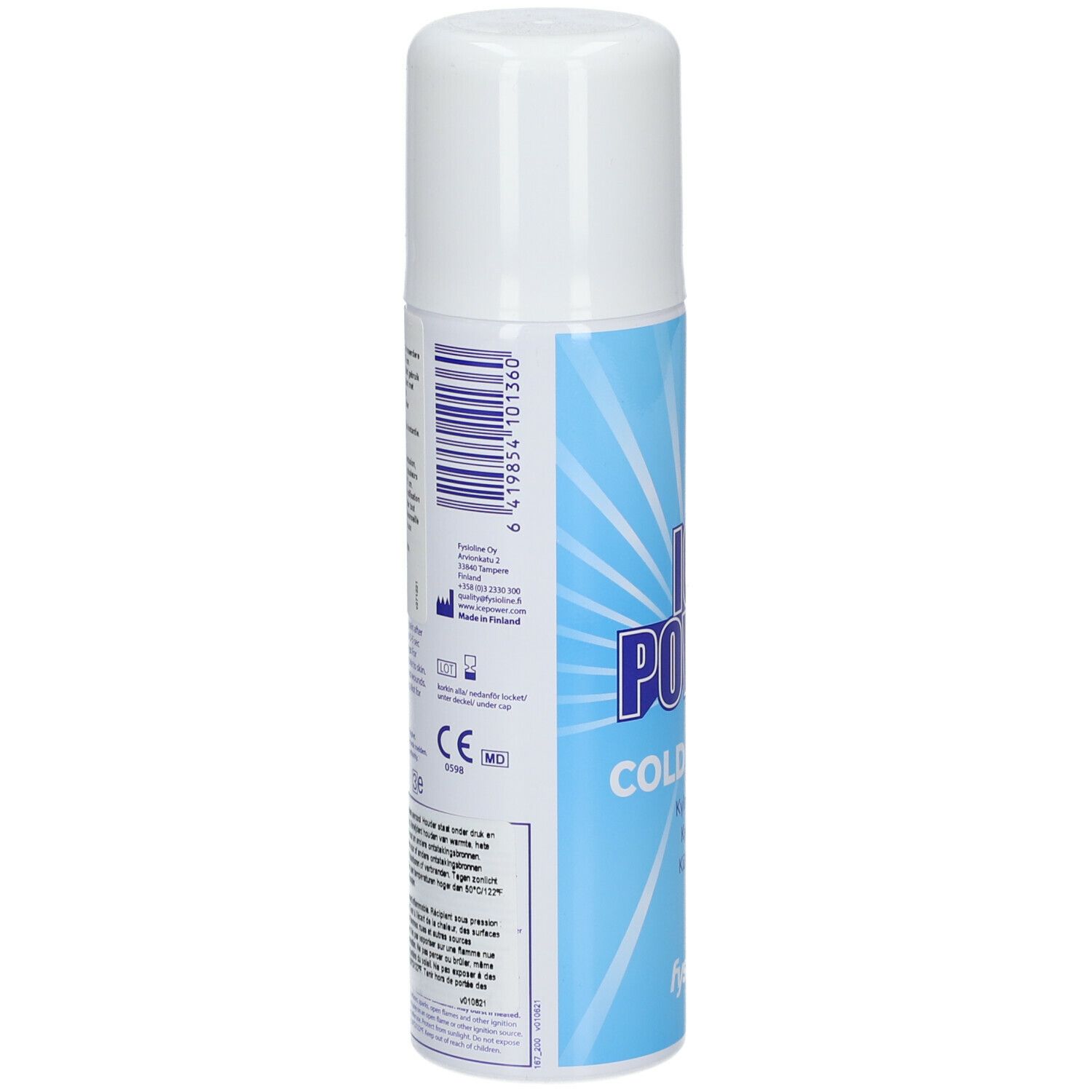 Achterkant van een blauw-witte spuitbus. Streepjescode, tekst, CE-markering. Tekst: ICE POWER COLD SPRAY. Merk: Fysioline.