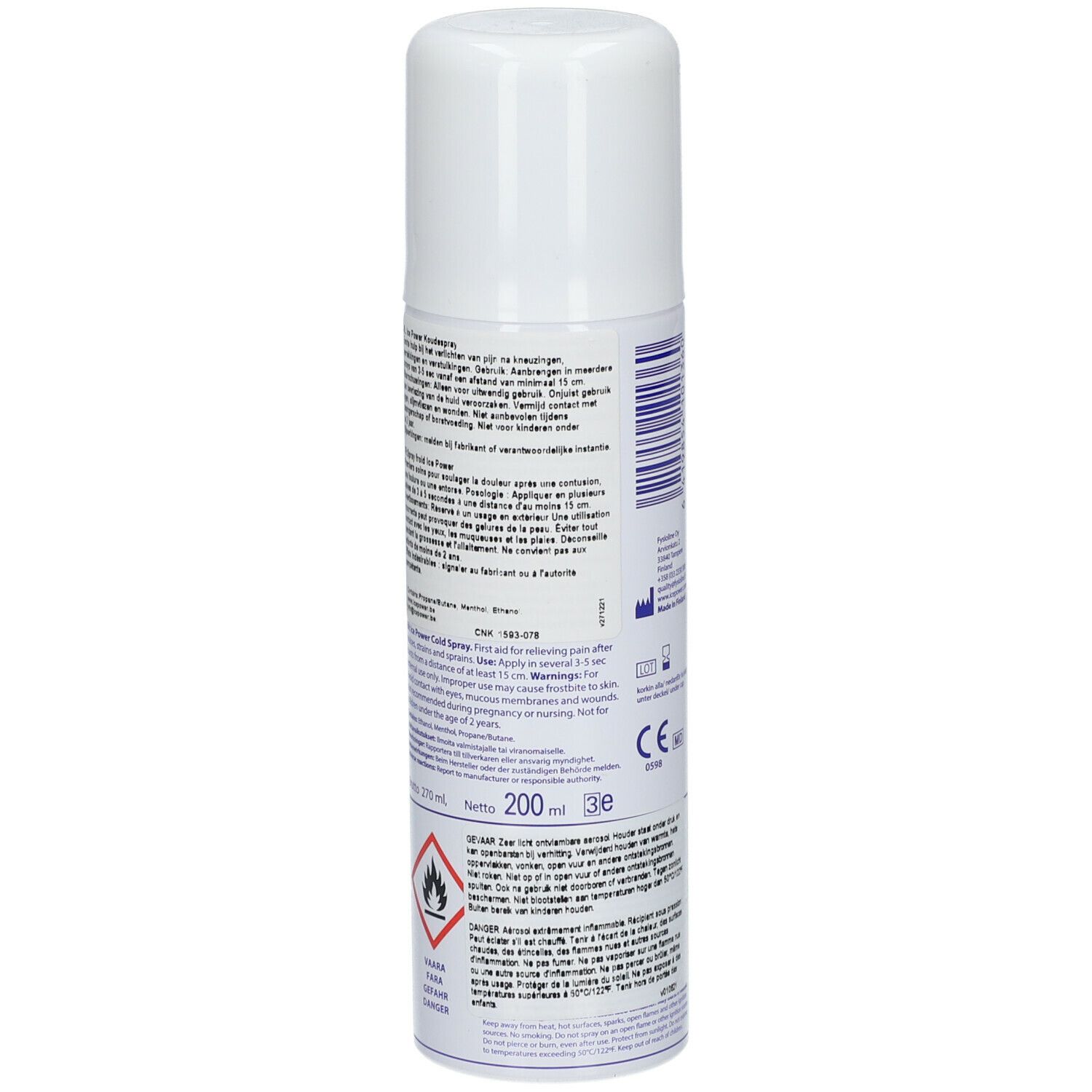 Achterkant van een blauw-witte spuitbus. Tekst, CE-markering, waarschuwingen. Volume: 200 ml. Merk: Fysioline.