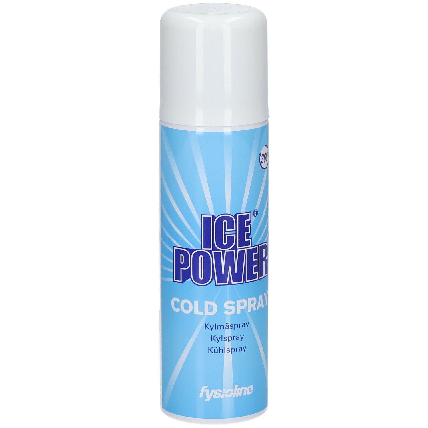 Blauw-witte spuitbus. Opschrift: ICE POWER COLD SPRAY. Kylmäspray, Kilspray, Kühlspay. Merk: Fysioline.