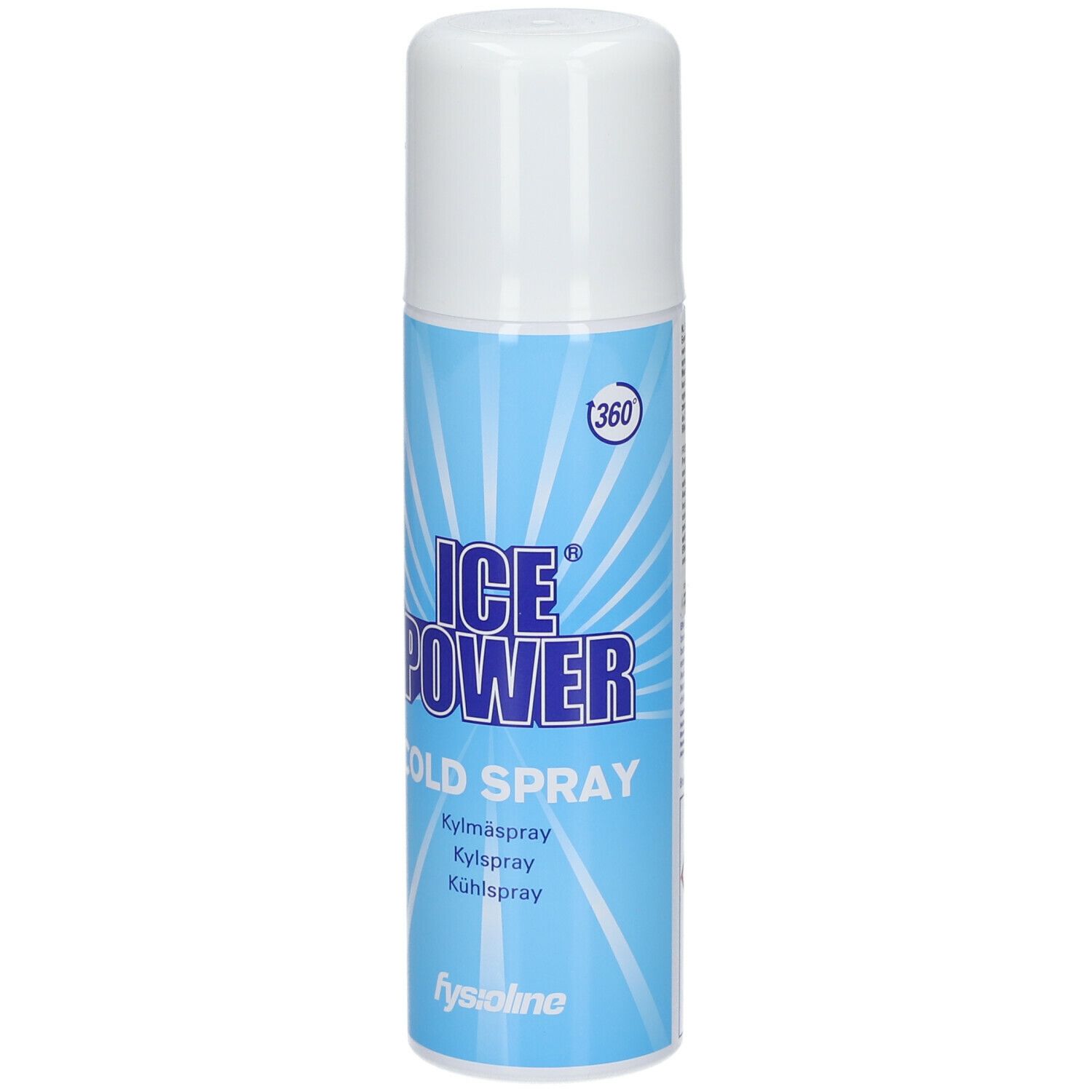Blauw-witte spuitbus. Opschrift: ICE POWER COLD SPRAY. Kylmäspray, Kilspray, Kühlspay. Merk: Fysioline.