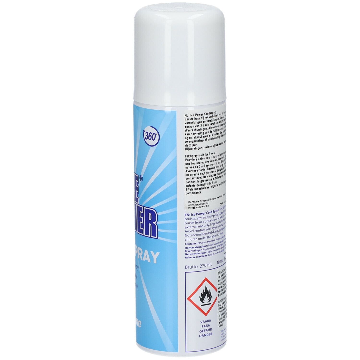 Zijkant van een blauw-witte spuitbus. Opschrift: ICE POWER COLD SPRAY. Waarschuwingen. Volume: 270 ml. Merk: Fysioline.