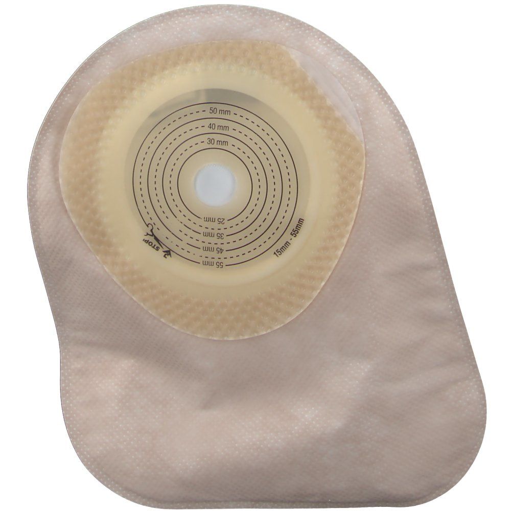 Beige zak met cirkelvormige opening, meetlijnen en sluiting. Diameter 15-55 mm.