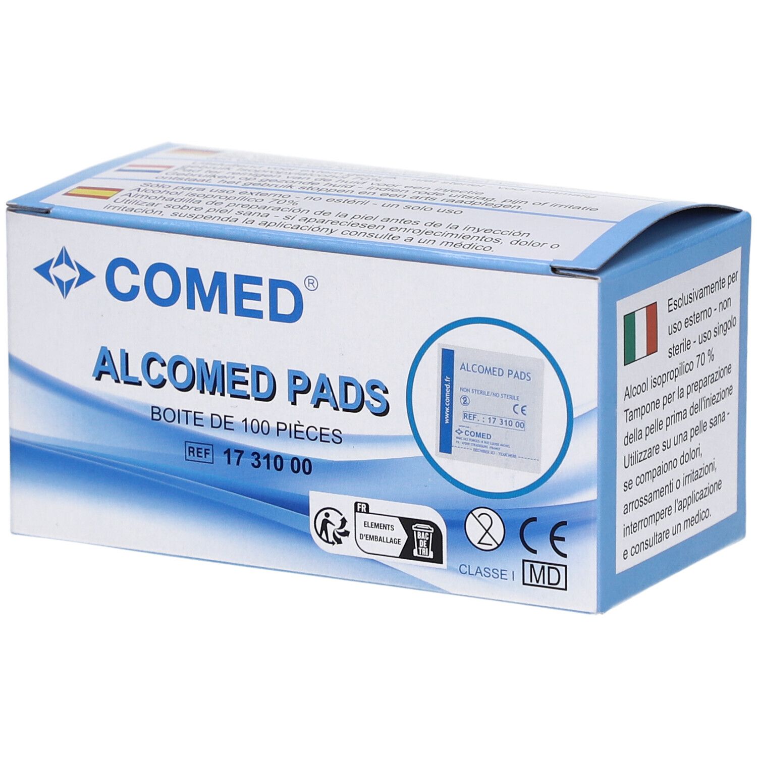 Doos van 100 COMED Alcomed Pads. CE-markering. Meertalige opschriften op de verpakking.