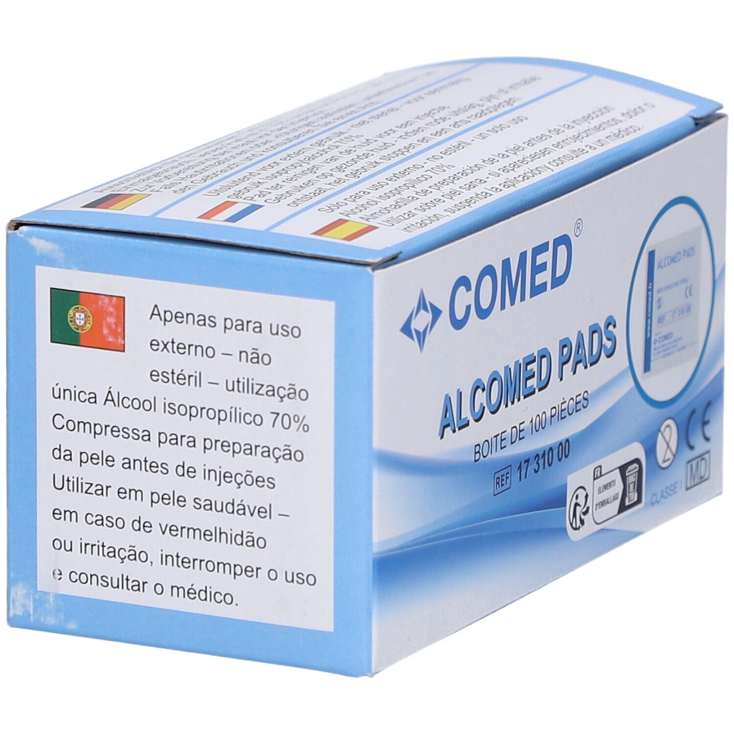 Doos van 100 COMED Alcomed Pads. CE-markering. Meertalige opschriften op de verpakking.