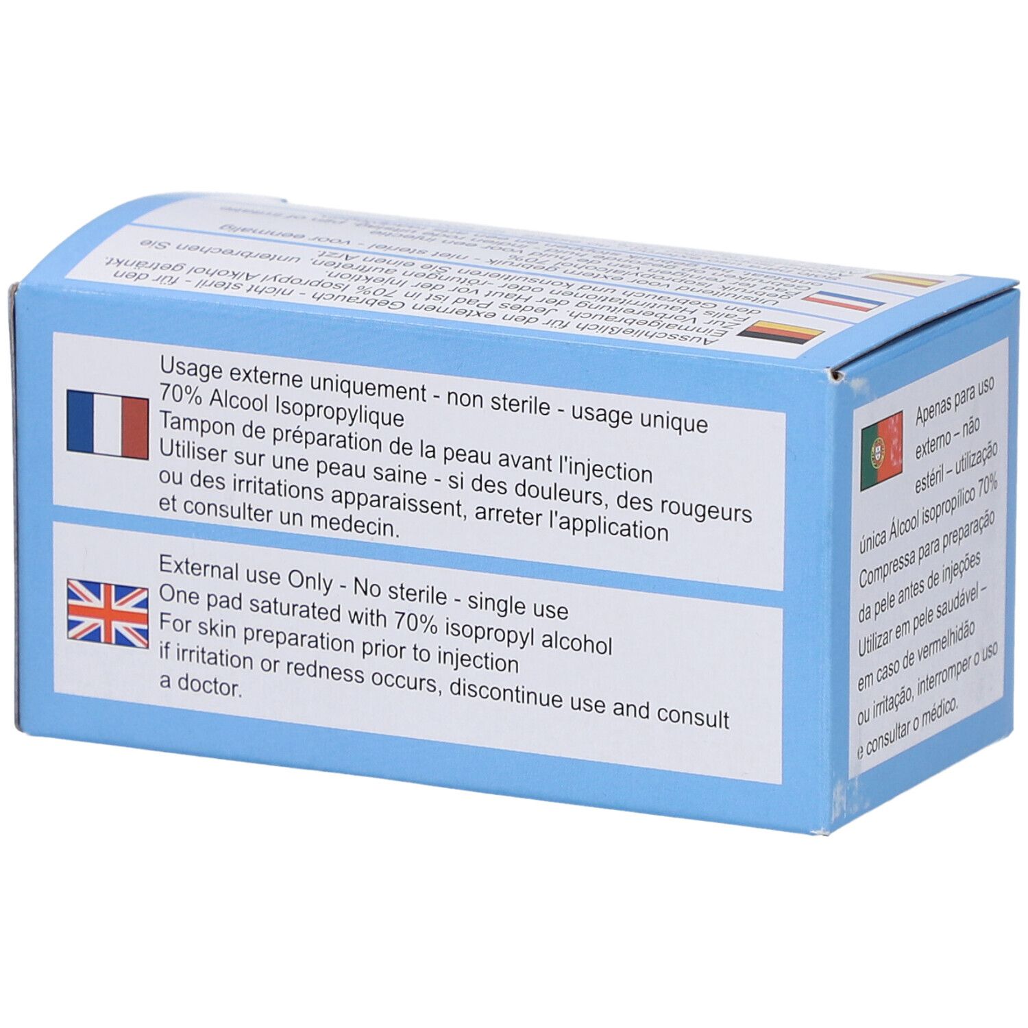 Doos van 100 COMED Alcomed Pads. CE-markering. Meertalige opschriften op de verpakking.