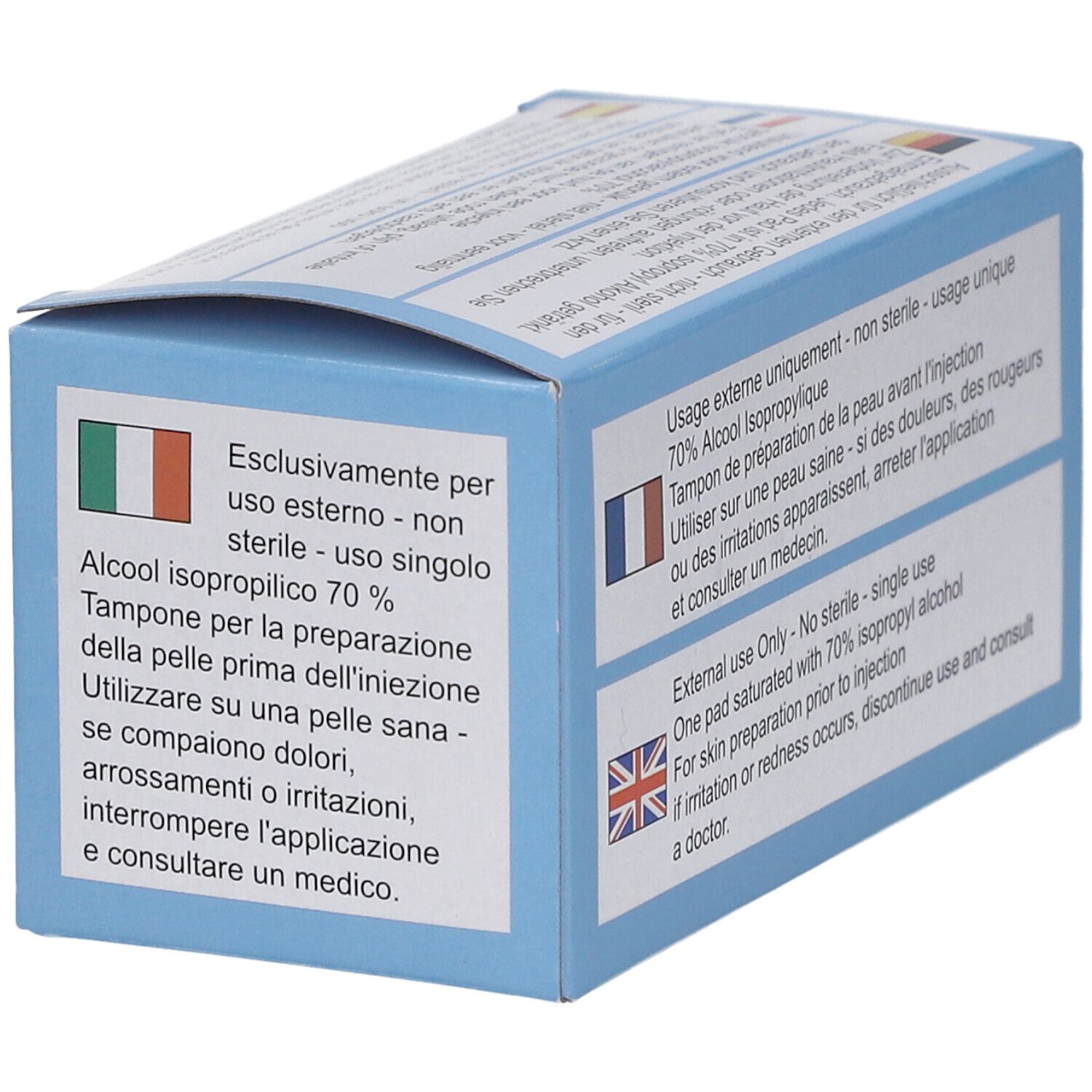 Doos van 100 COMED Alcomed Pads. CE-markering. Meertalige opschriften op de verpakking.
