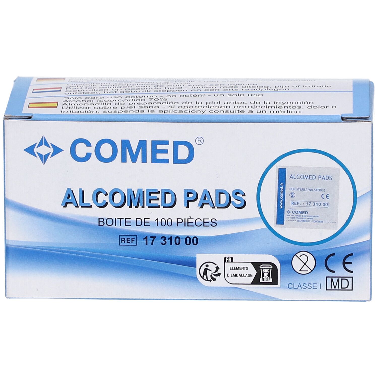 Doos van 100 COMED Alcomed Pads. CE-markering. Meertalige opschriften op de verpakking.