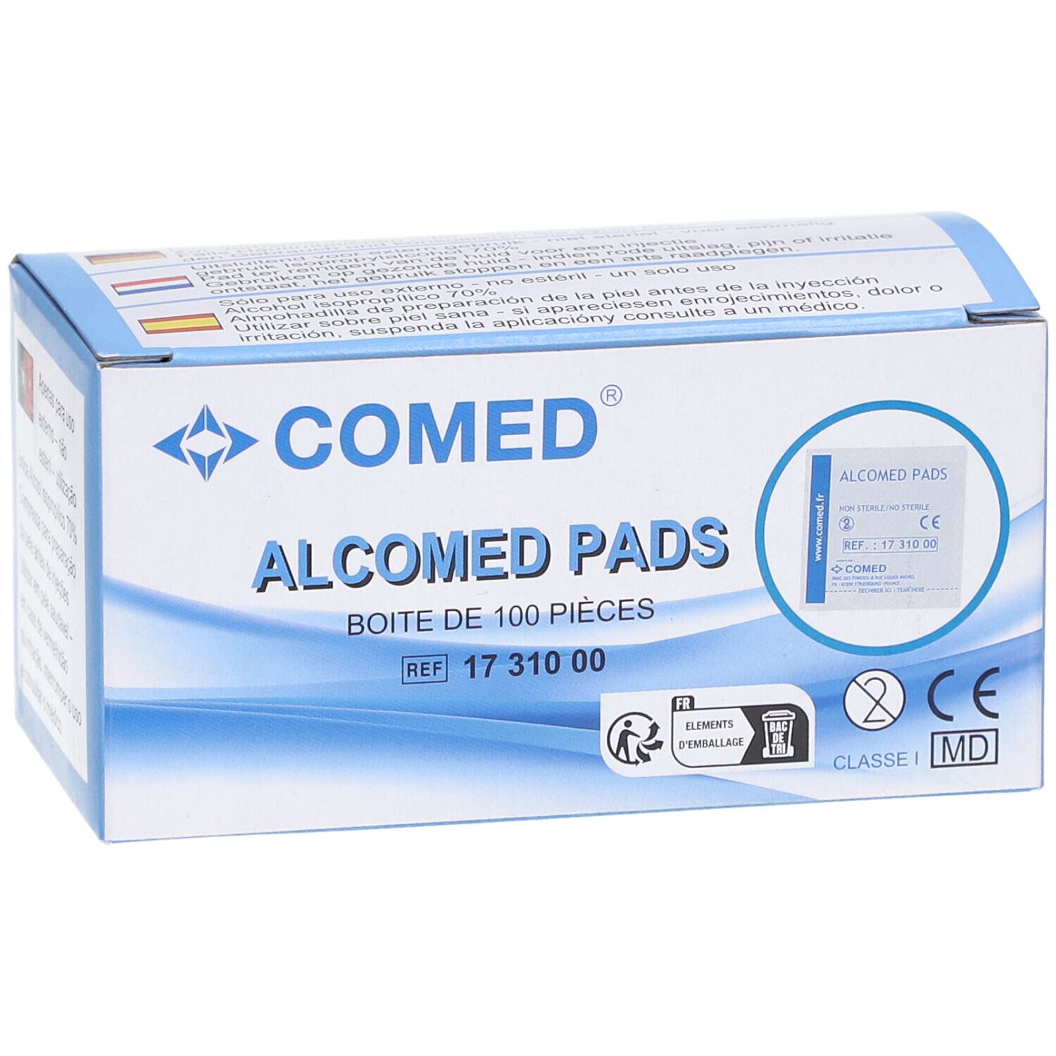 Doos van 100 COMED Alcomed Pads. CE-markering. Meertalige opschriften op de verpakking.