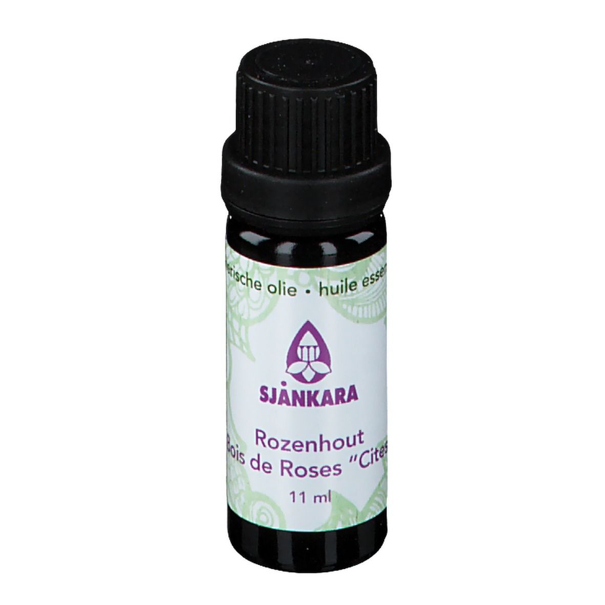 Flacon en verre brun avec bouchon noir. Étiquette avec logo et texte: SJANKARA Rosenholz, 11 ml.