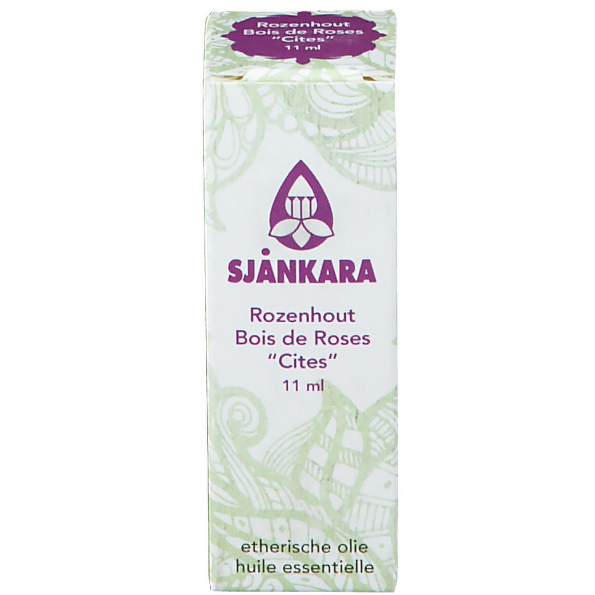 Emballage en carton avec logo et texte: SJANKARA, Rosenholz, Bois de Roses "Cités", 11 ml.