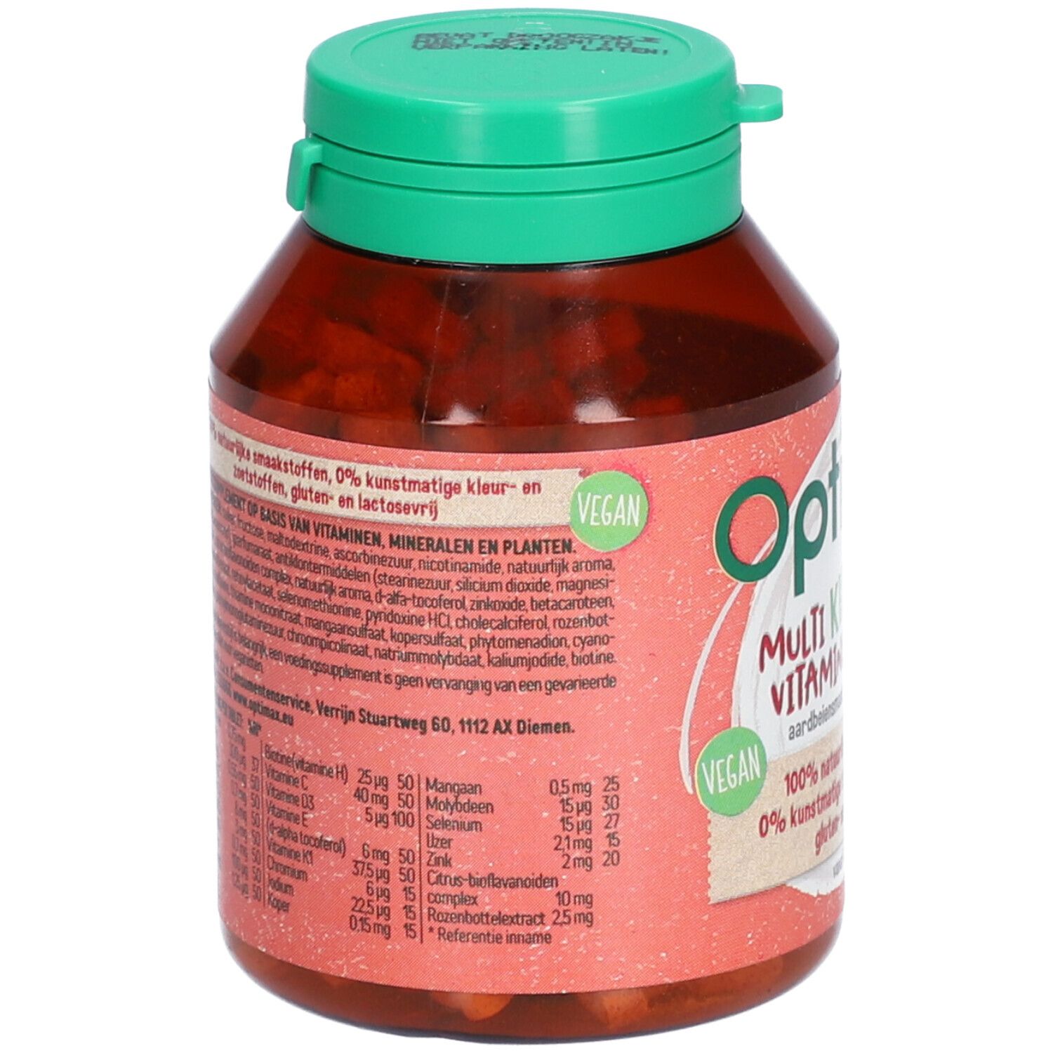 Flacon marron avec bouchon vert. Inscription : Optimax Multi Vitamines. Label végétalien. Vue détaillée des ingrédients et des valeurs nutritionnelles.