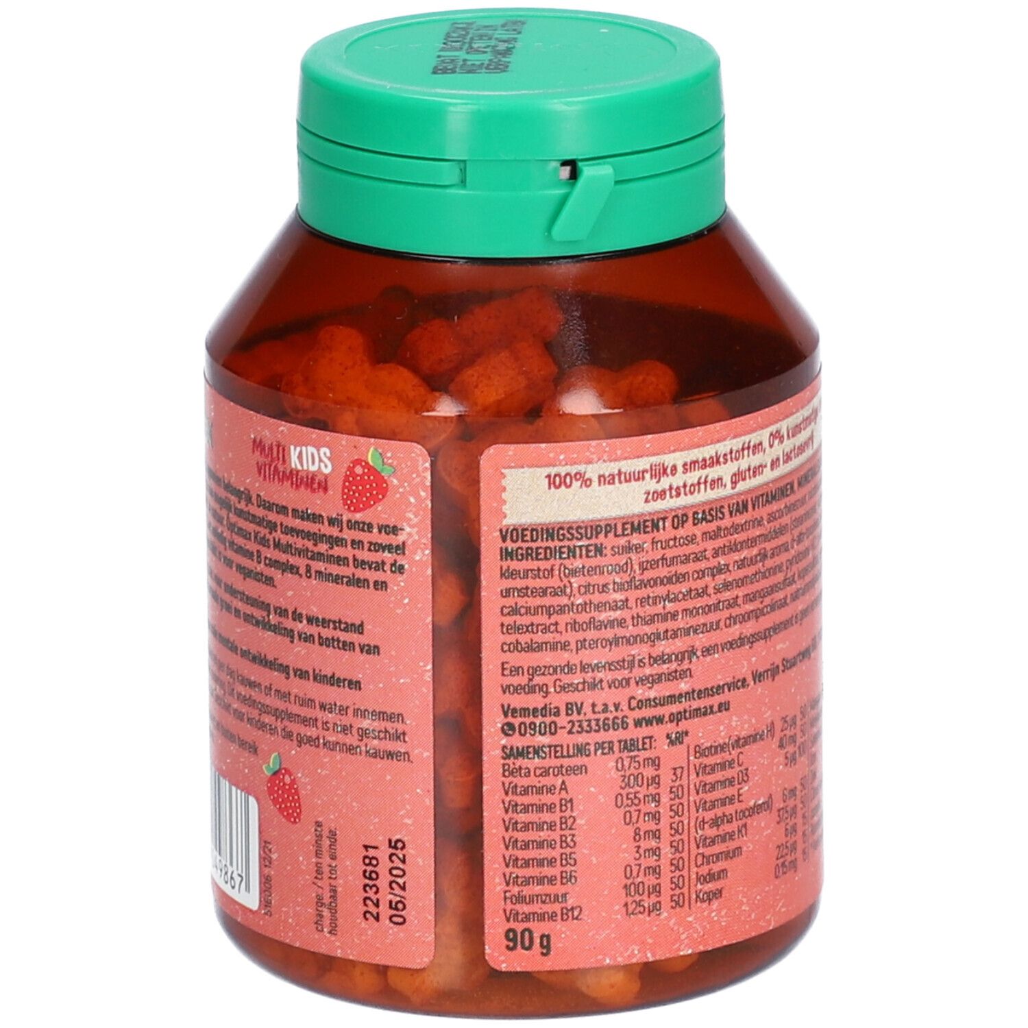 Flacon marron avec bouchon vert, rempli de comprimés. Inscription : Optimax Kids Vitamines. Goût fraise. Label végétalien. Ingrédients.