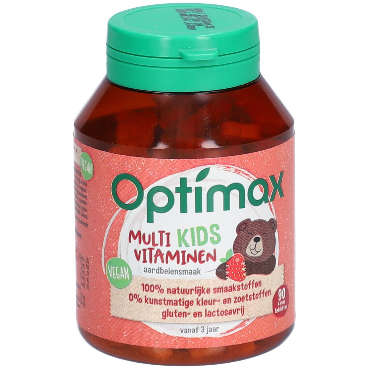 Flacon marron avec bouchon vert. Inscription : Optimax Multi Kids Vitamines, goût fraise. Illustration d'un ours avec une fraise. Label végétalien.