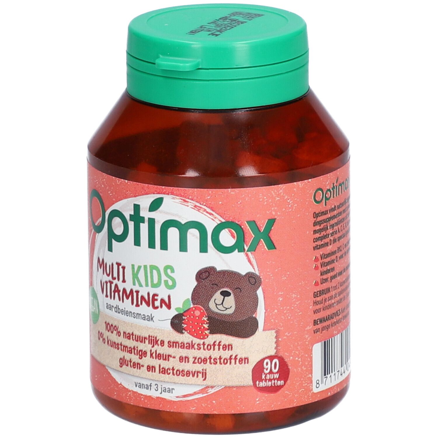 Flacon marron avec bouchon vert. Inscription : Optimax Multi Kids Vitamines, goût fraise. Illustration d'un ours avec une fraise. 90 comprimés.