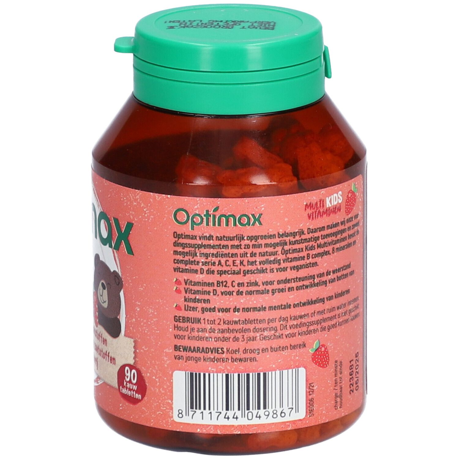 Flacon marron avec bouchon vert. Inscription : Optimax Multi Kids Vitamines. Dos avec informations. 90 comprimés. Date de péremption.