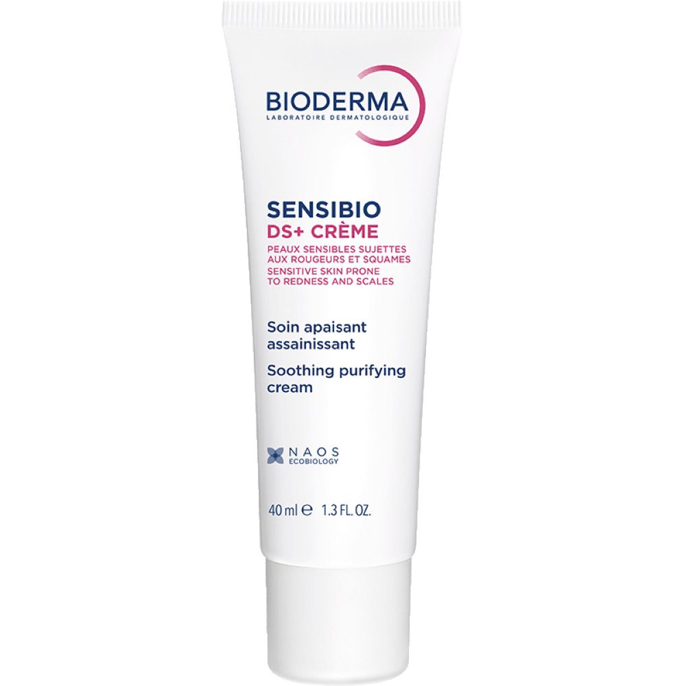 BIODERMA Sensibio DS+ Creme tube. Tekst: Sensibio DS+ Crème, Peaux sensibles, Soothing purifying cream. 40 ml.
