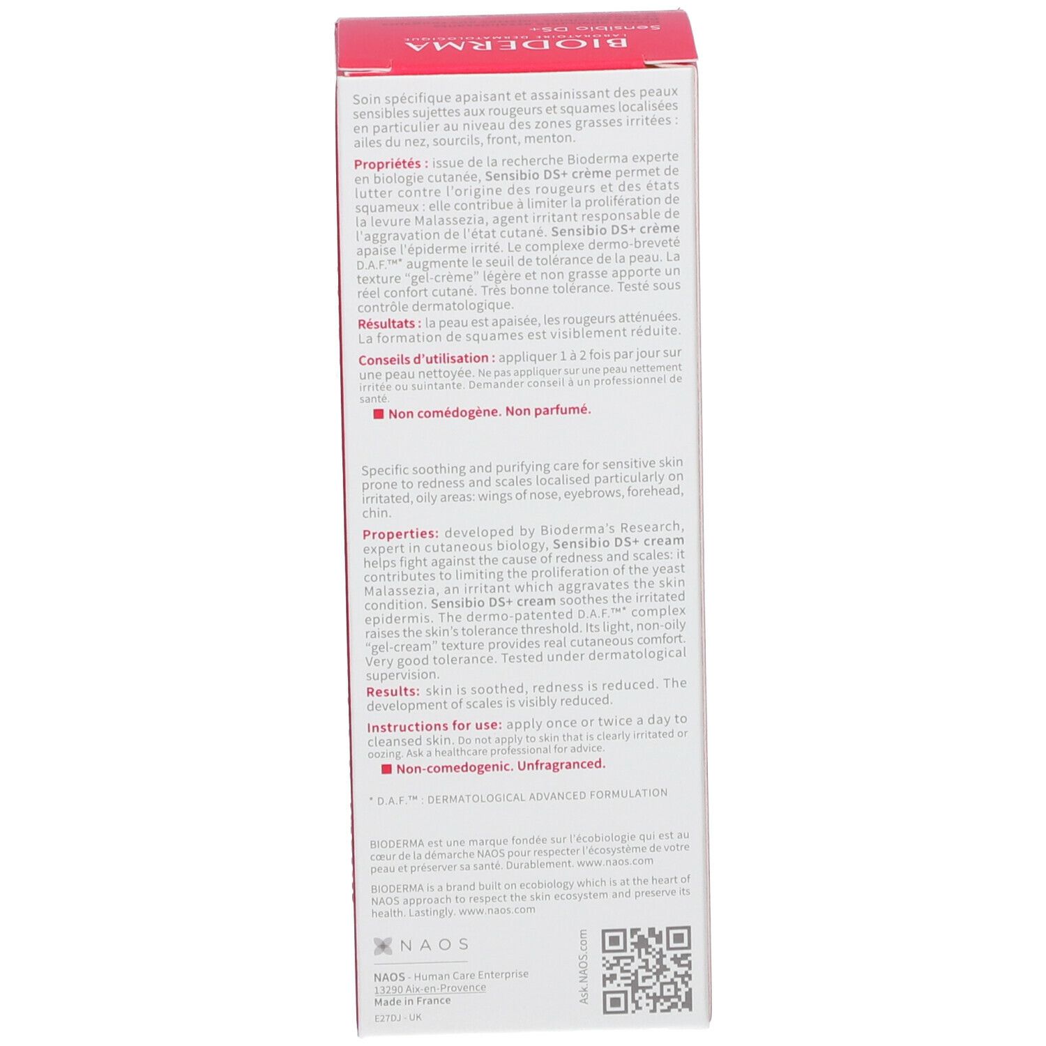 Zijkant kartonnen verpakking BIODERMA Sensibio DS+ Creme. Meertalige tekst: gebruik, ingrediënten, fabrikantinfo.
