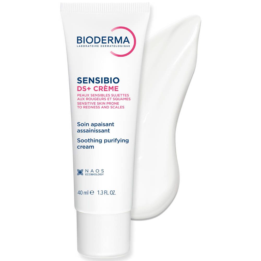 BIODERMA Sensibio DS+ Creme tube en crème. Tekst: Sensibio DS+ Crème, Peaux sensibles, Soothing purifying cream. 40 ml.