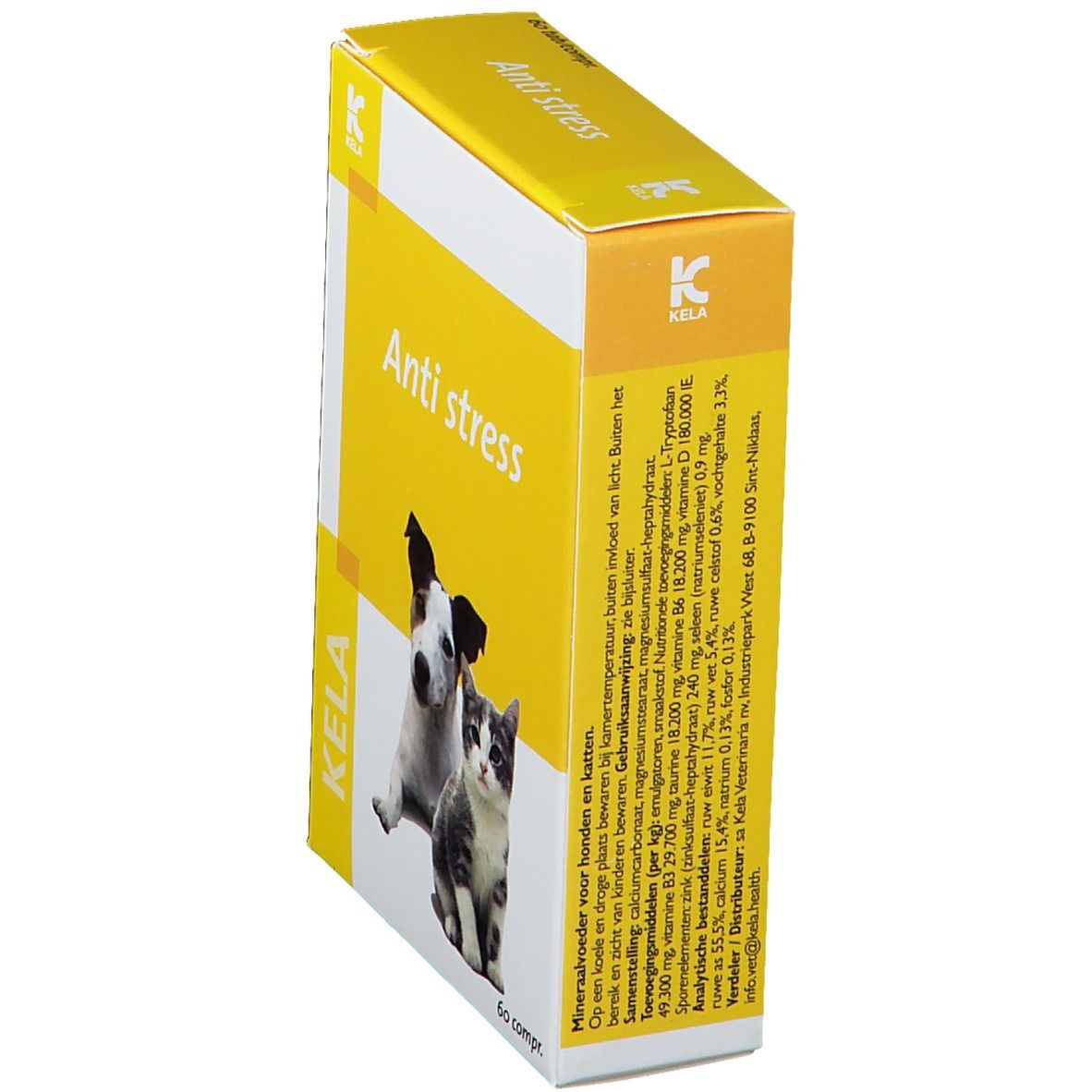 Gele doos met "Anti stress", hond en kat. Merk KELA. Gedetailleerde informatie.