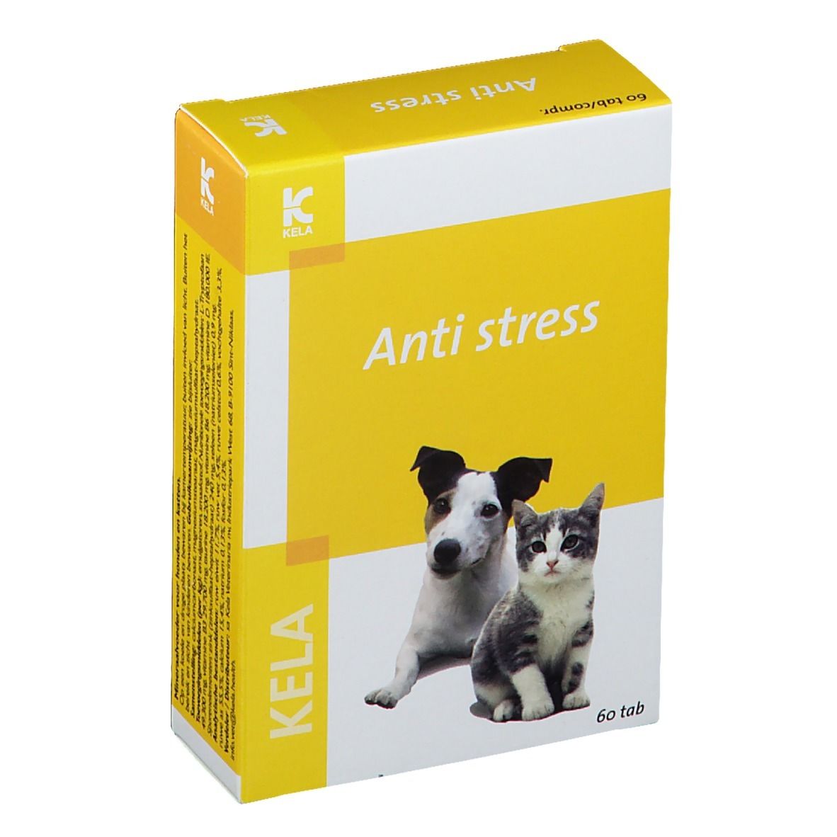 Gele doos met "Anti stress", hond en kat. Merk KELA. 60 tabletten.