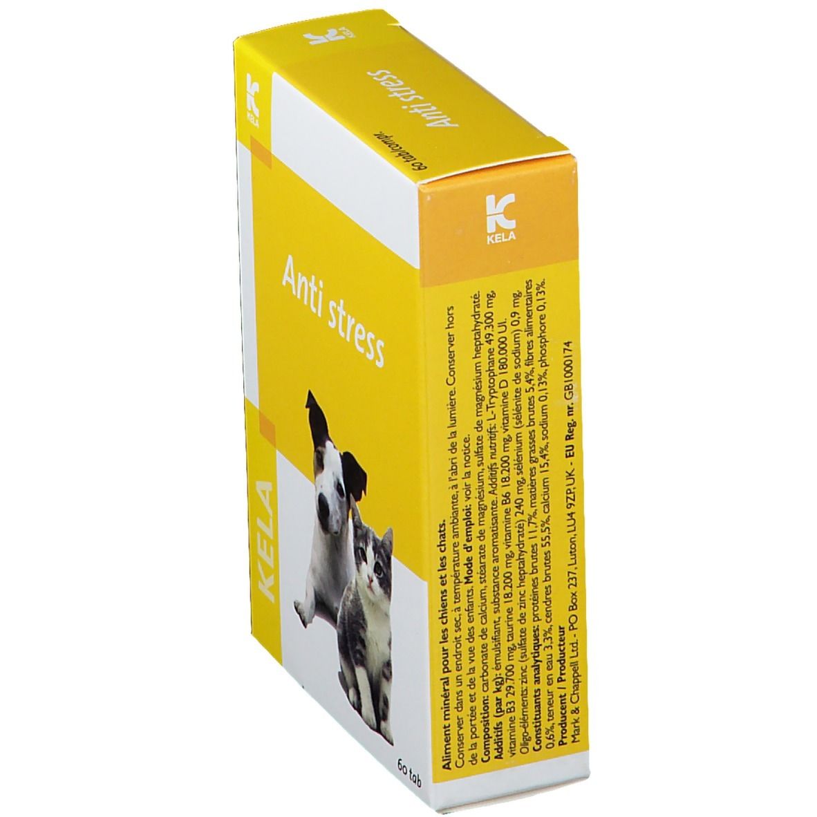 Gele doos met "Anti stress", hond en kat. Merk KELA. Gedetailleerde informatie.