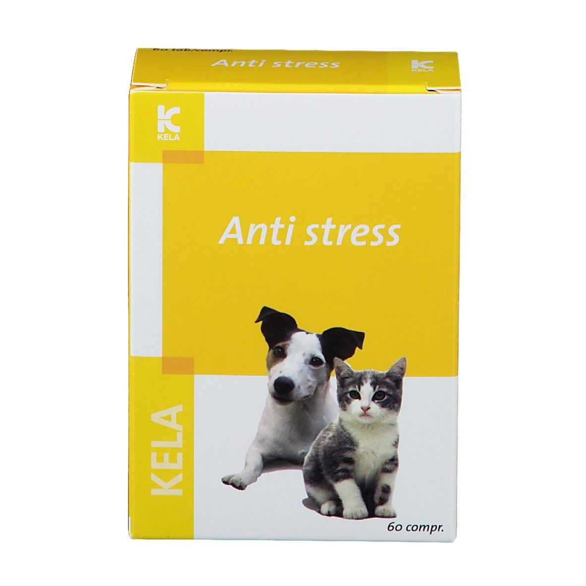 Gele doos met "Anti stress", hond en kat. Merk KELA. 60 tabletten.
