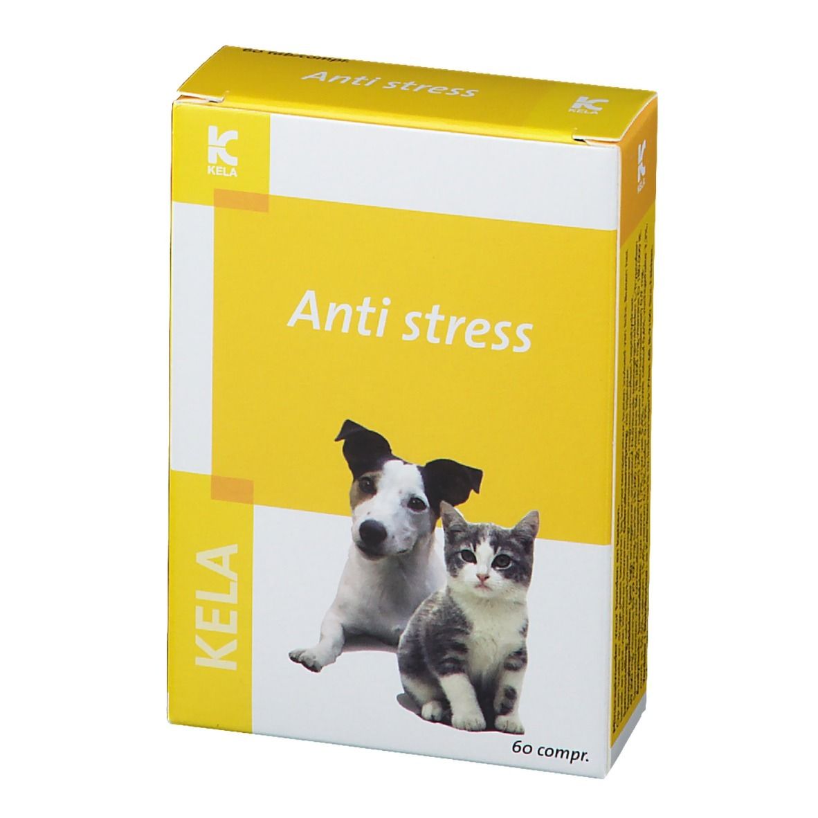Gele doos met "Anti stress", hond en kat. Merk KELA. 60 tabletten.
