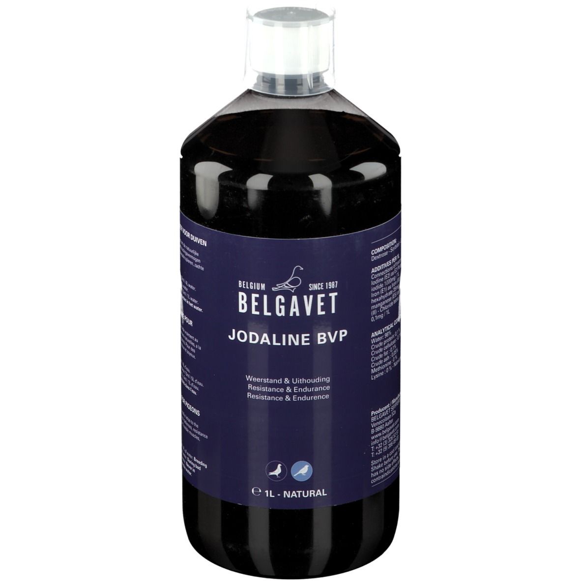 Fles Jodaline BVP Super Elixier. Donkere vloeistof in een transparante fles met witte dop. Blauw etiket met tekst.