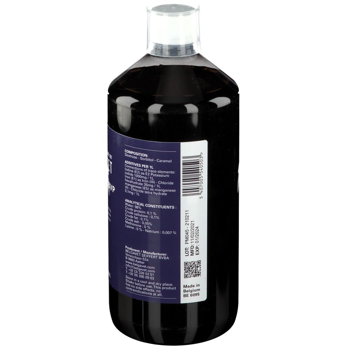 Achterkant van de Jodaline BVP Super Elixier fles. Etiket met ingrediënten, lotnummer en vervaldatum. Transparante fles met witte dop.