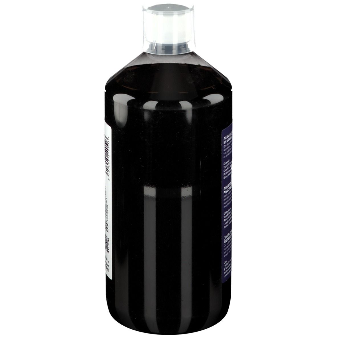Zijaanzicht van de Jodaline BVP Super Elixier fles. Transparante fles met donkere vloeistof en witte dop. Etiket gedeeltelijk zichtbaar.
