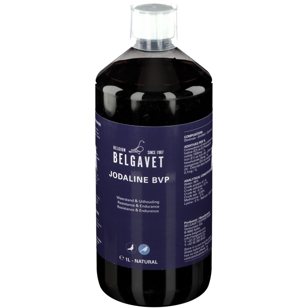 Fles Jodaline BVP Super Elixier. Transparante fles met donkere vloeistof en witte dop. Blauw etiket met productinformatie en logo.