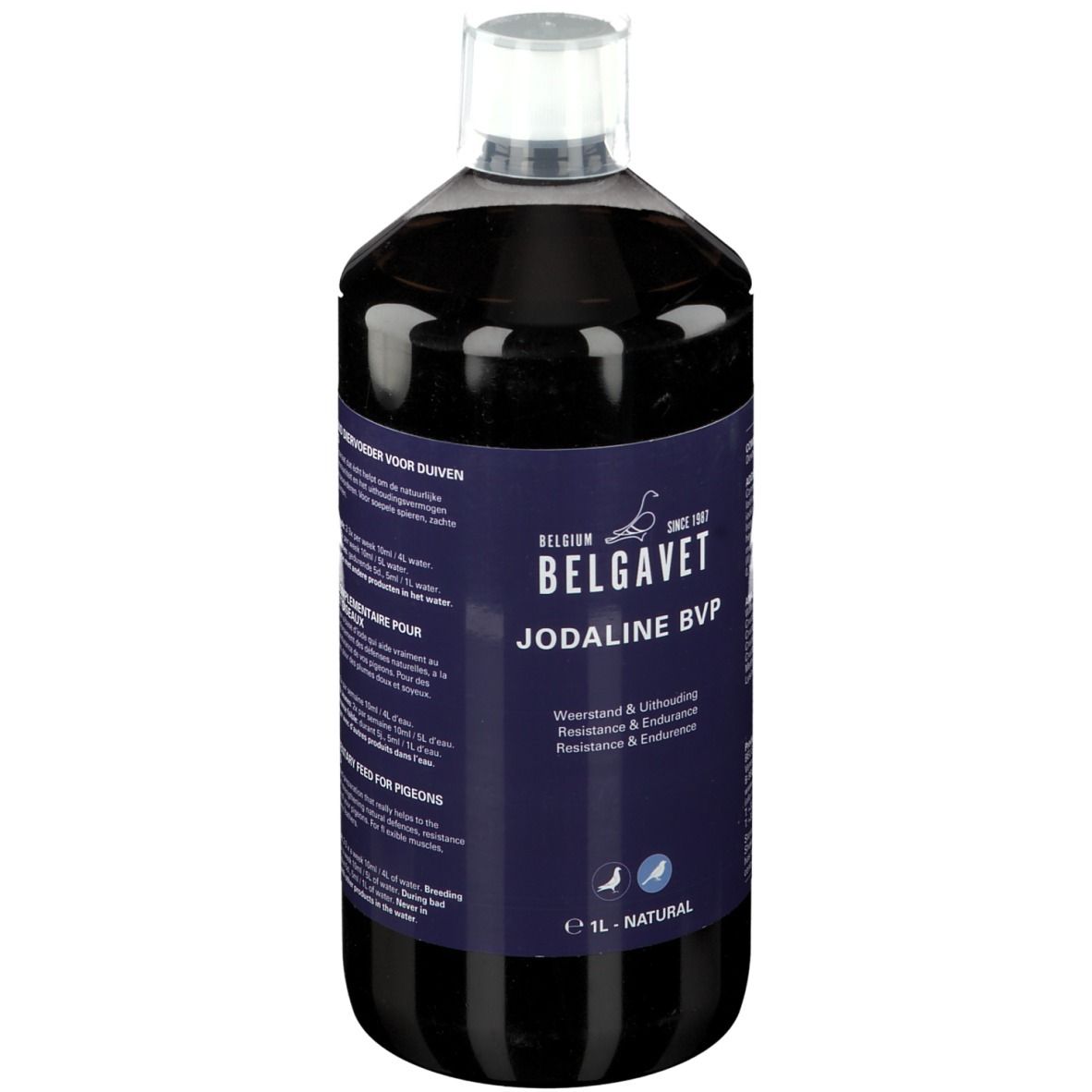Fles Jodaline BVP Super Elixier. Transparante fles met donkere vloeistof en witte dop. Blauw etiket met productinformatie.