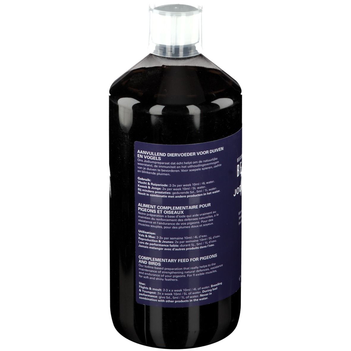 Achterkant van de Jodaline BVP Super Elixier fles. Etiket met productinformatie in meerdere talen. Transparante fles met donkere vloeistof.