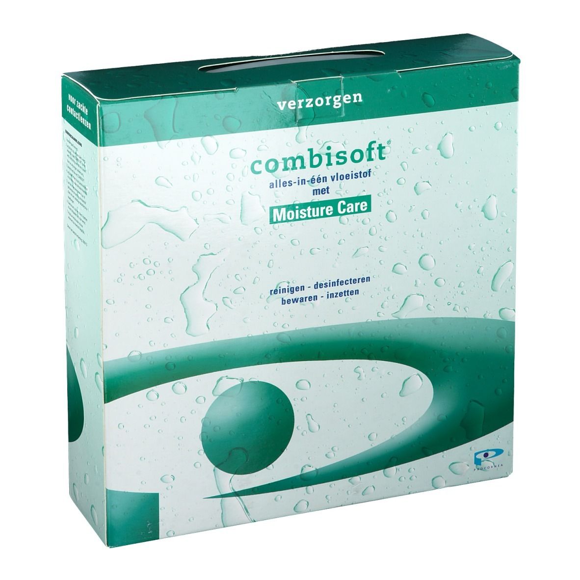 Groene verpakking met "combisoft" logo en "Moisture Care" tekst. Druppelpatroon en groene designelementen.