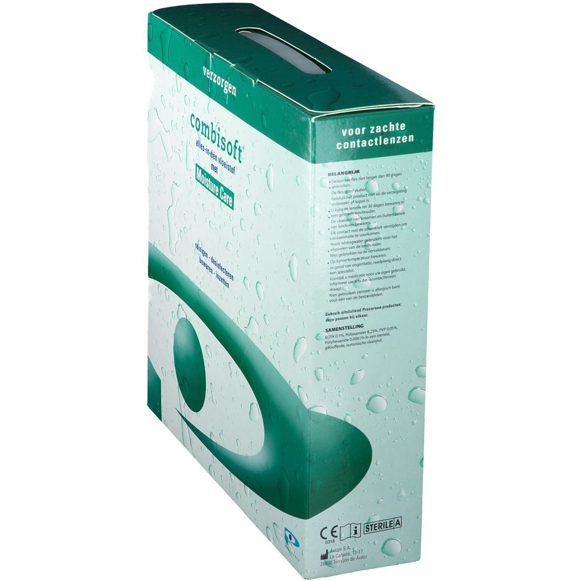 Schuin geplaatste groene verpakking met "combisoft" logo en tekst. Druppelpatroon en groene designelementen. Tekst voor zachte contactlenzen.