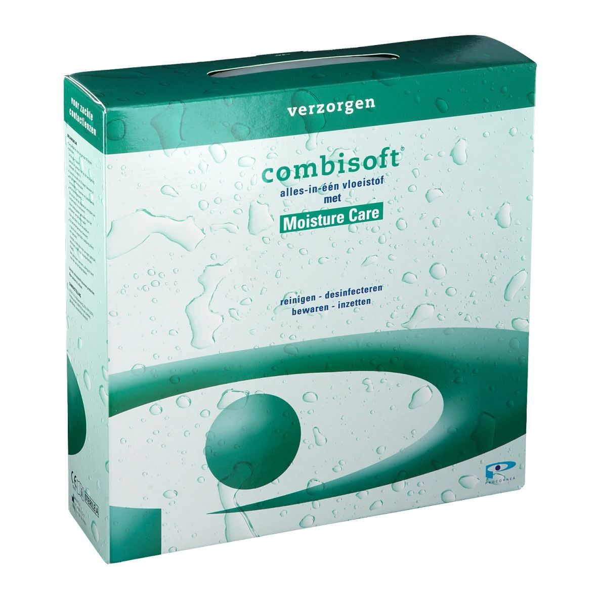 Groene verpakking met "combisoft" logo en "Moisture Care" tekst. Druppelpatroon en groene designelementen.