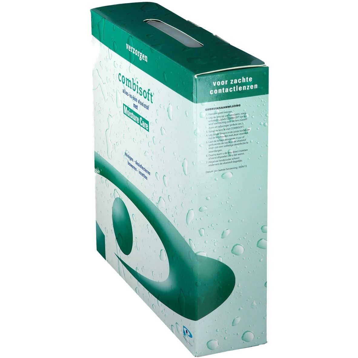 Schuin geplaatste groene verpakking met "combisoft" logo en tekst. Druppelpatroon en groene designelementen. Tekst voor zachte contactlenzen.